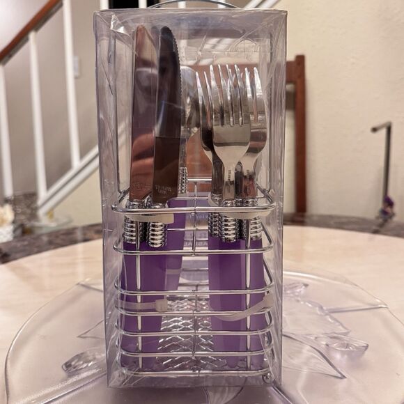 Cambridge Casuals Stainless Flatware Set 16pc Purple Plastic Handle w/Caddy For4 - Picture 6 of 8